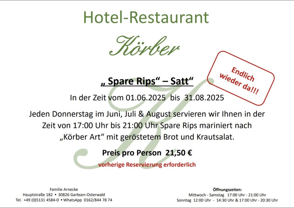 Hotel Restaurant Körber Angebot Spar Ribs Satt